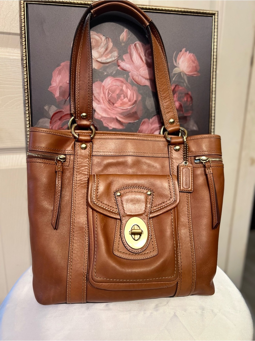 Coach Legacy Gigi Tote Shoulder Bag Whiskey leather brass turnlock pocket F12888